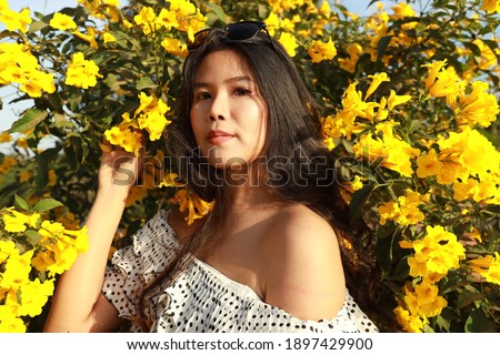 Asian beautiful lady posing at yellow flower tree for taking fashion portrait photo.