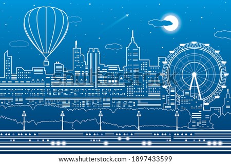Hot air balloons flying over the city. Ferris wheel. Sunset behind the town. Night scene. White lines on blue background. Vector design outline art