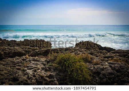 Cliff and rough sea with waves on background. Italy, Puglia