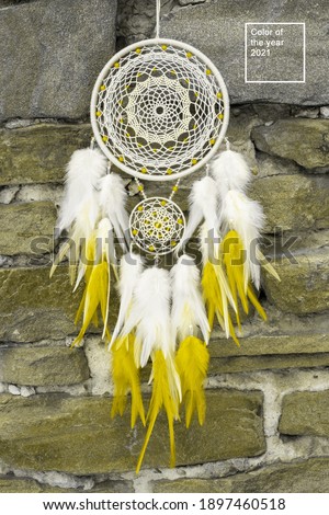 Dream catcher with feathers threads and beads rope hanging. Dreamcatcher handmade. Color of the year 2021