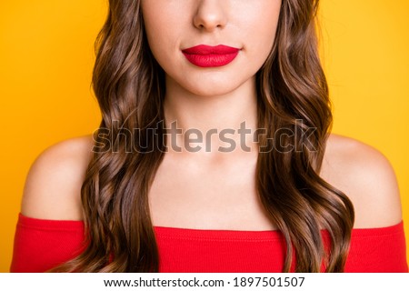 Cropped photo portrait of pretty model wearing red lipstick off-shoulders top isolated on bright yellow color background