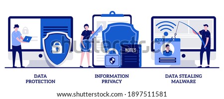 Data protection, information privacy, data stealing malware concept with tiny people. Database security software abstract vector illustration set. Cyber crime, computer system hacking metaphor. Royalty-Free Stock Photo #1897511581