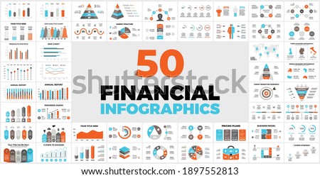 50 Financial Infographic Templates for your Presentation. Perfect for your Business Project. Includes elements charts, graphs diagrams and reports. Info graphic data.