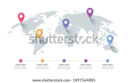 infographic vector world map with multiple locations. world map with color pointers and text. Simple World map infographic communication template with pointer marks Royalty-Free Stock Photo #1897564885