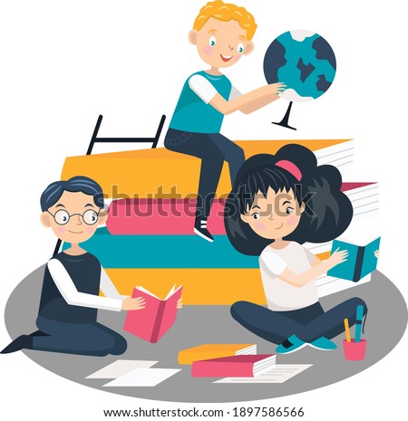 Three kids with books and earth globe. Flat design illustration. Vector