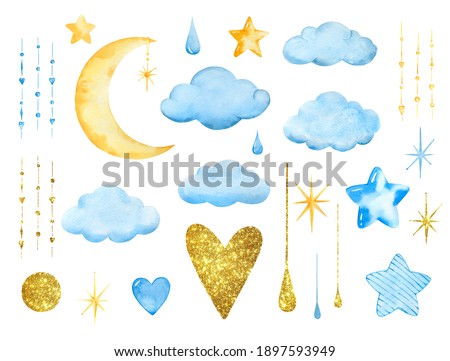 Watercolor hand drawn set of illustrations for baby boy shower isolated on white background. Royalty-Free Stock Photo #1897593949