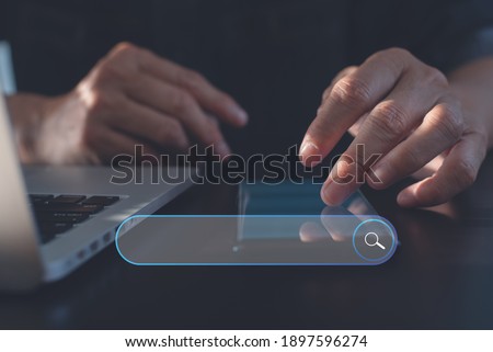 SEO, Search engine optimization, web browser, internet network technology concept. Man using smartphones to find digital data. Searching information data mobile phone