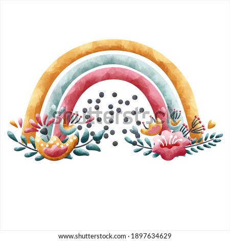 Rainbow of three colors with bouquets of flowers and circles in the middle. Watercolor style. Muted colors. Isolated on a white background. Cute clipart for posters, invitations, banners, card