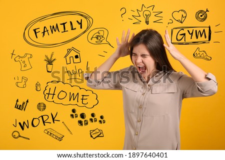 Stressed young woman, text and drawings on yellow background