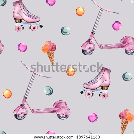 Watercolor hand painted seamless pattern with pink scooter, skates, ice cream and bubbles on grey background. Perfect for fabric, wrapping paper or scrapbooking.