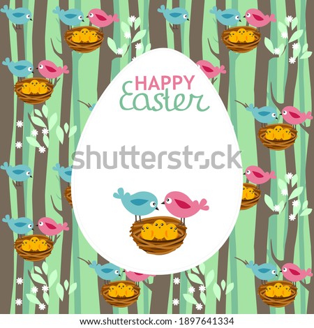 Festive greeting card with easter birds and spring trees