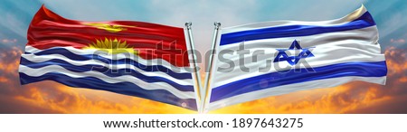 Double Flag Israel יִשְׂרָאֵל Yisrā'el vs Kiribati flag waving flag with texture sky clouds and sunset background- 3D illustration - 3D render 