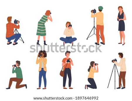 Professional photographers. Cartoon people with cameras different poses, male and female characters take photo shots, paparazzi or journalist occupation, digital photography hobby. Vector isolated set Royalty-Free Stock Photo #1897646992