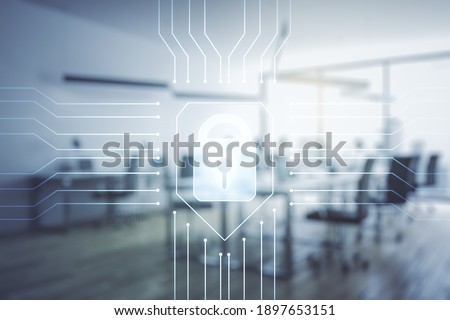 Double exposure of virtual creative lock hologram with chip on modern corporate office background. Information security concept