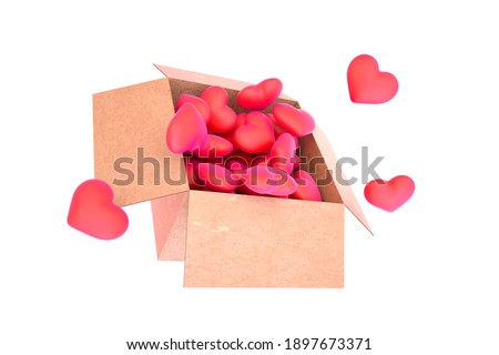 An opened cardboard box full of hearts, Valentine holiday isolated illustration, 3D render