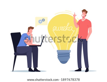 Eureka Concept. Businessmen Colleagues Characters with Laptop Sitting at Huge Light Bulb Thinking Creative Idea. People Brainstorm Searching Solution, Teamwork Cooperation. Cartoon Vector Illustration