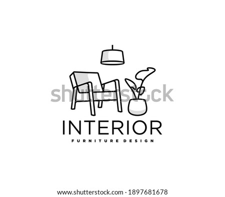 Minimalist living room interior with chair, indoor plant and home light logo design. Room with outline armchair, home decor vector design. Furniture design logotype Royalty-Free Stock Photo #1897681678