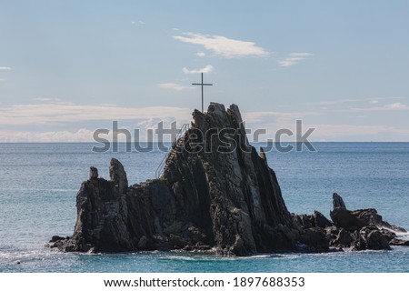 View of Asseu rock in Riva Trigoso. Winter sea on ligurian coast.