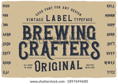 Vintage label font named Falange. Retro typeface with letters and numbers for any your design like posters, t-shirts, logo, labels etc. Royalty-Free Stock Photo #1897694680