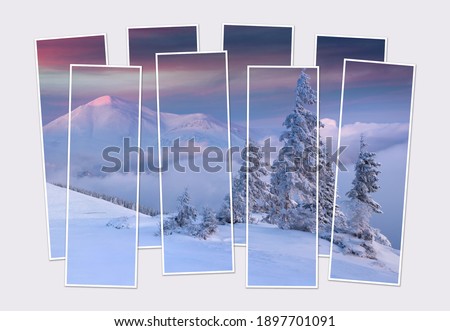 Isolated eight frames collage of picture of fantastic sunrise in Carpathian mountains. Snowy morning scene of mountain valley. Mock-up of modular photo.
