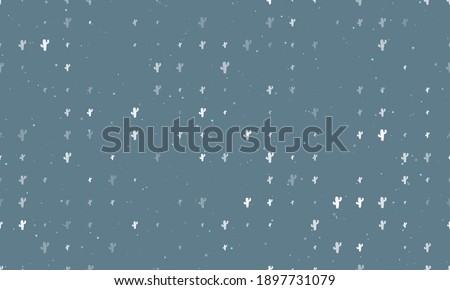 Seamless background pattern of evenly spaced white cactus symbols of different sizes and opacity. Vector illustration on blue grey background with stars