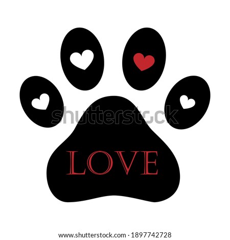Pet shop logo. Dog and cat icon. Design of labels for a pet shop, a zoo. Vector illustration of a paw print of a cat, a symbol of feline love, paw footprint with a heart and the inscription love.