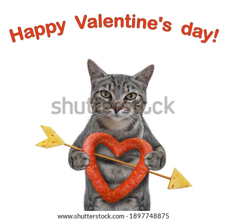 A gray cat holds a heart shaped sausage pierced with an arrow. Happy Valentine's day. White background. Isolated.
