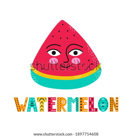 Cute happy smile watermelon fruit. Vector simple flat cartoon scandinavian character hand drawn illustration icon. Isolated on white background. Scandinavian watermelon fruit print concept