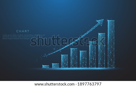 Abstract image of a growth chart in glowing blue. Low polygon or low poly design. particle, and triangle style design.Wireframe light connection structure. Vector wireframe concept.