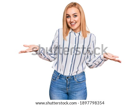 Beautiful caucasian woman wearing casual clothes smiling cheerful offering hands giving assistance and acceptance. 
