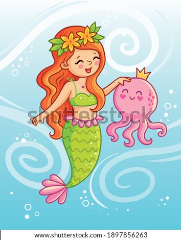 Cute mermaid holds an octopus underwater in her hands. Vector illustration in cartoon style.