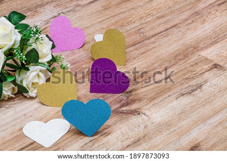 cards on the occasion of Valentine's Day, Mother's Day, Women's or Birthday's Day, space for text, glitter colored hearts, jewelry boxes