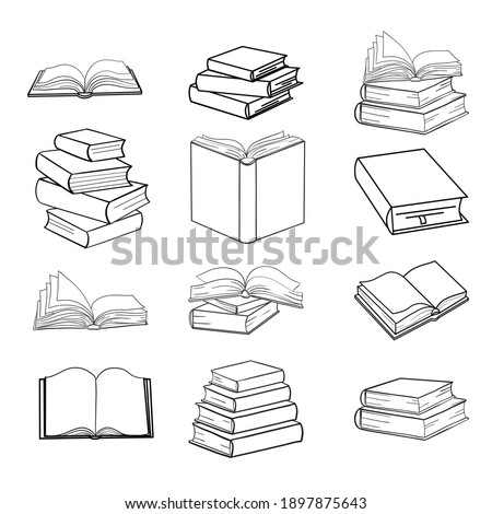 Set of sketches of books vector and illustration, black and white, hand drawn, sketch style, isolated on white background.. Vector illustration.