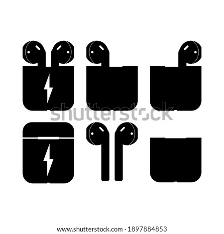 Set of icons of wireless headphones charging with a black case on a white background. Vector EPS10