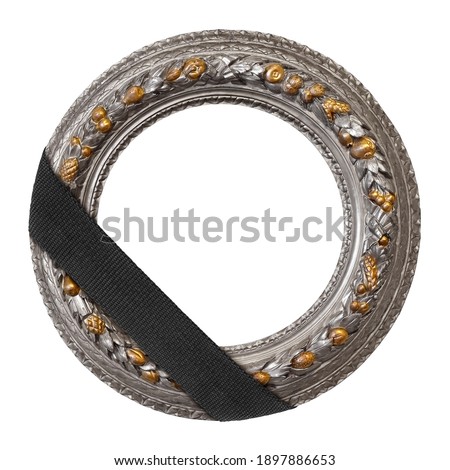 Silver frame with black mourning ribbon for paintings, mirrors or photo isolated on white background. Design element with clipping path