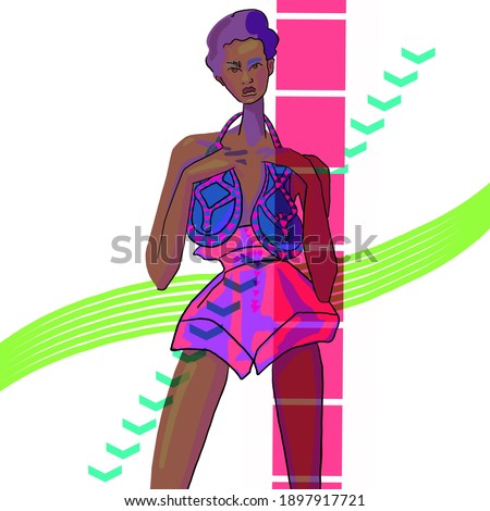 Hand-drawn bright neon colorful stylized fashion illustration of imaginary female afro model in trendy outfit: beach suit and sandals on abstract geometric art background. Fashionista vacay gift card