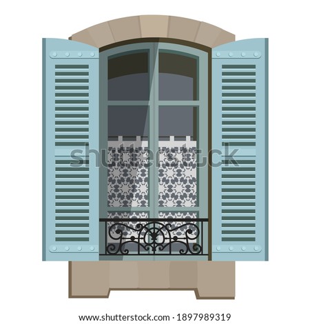 vector illustration of open french window with curtains