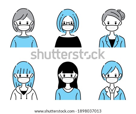 Illustration of a set of icons for a group of women with masks.