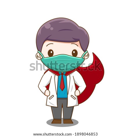 Cute doctor as a hero. Vector illustration of chibi character isolated on white background.
