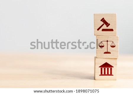 Wooden block cube shape with icon law legal justice Royalty-Free Stock Photo #1898071075