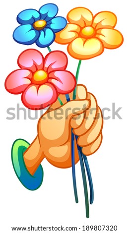 Illustration of a hand holding three flowers on a white background