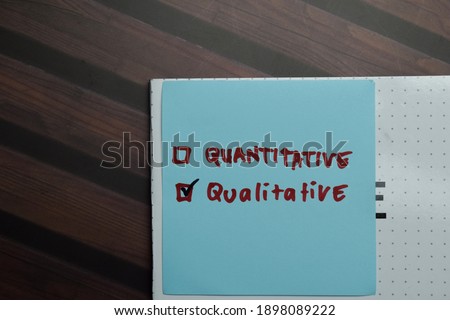 Quantitative and Qualitative write on sticky notes and supported by additional services write on a sticky notes isolated on Wooden Table. Royalty-Free Stock Photo #1898089222
