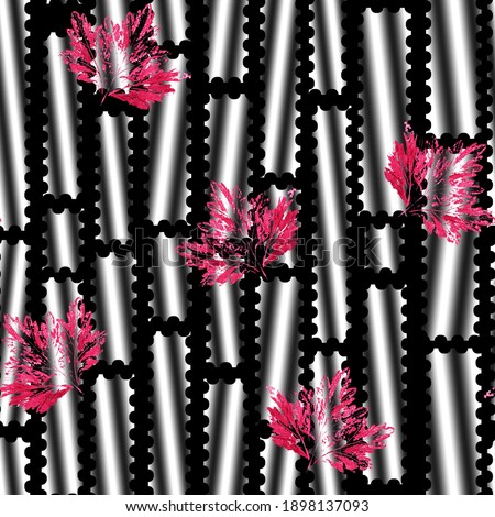 Pink red leaves watercolor, black white rectangles, geometric seamless pattern, abstract background, textile, wallpaper, postcard