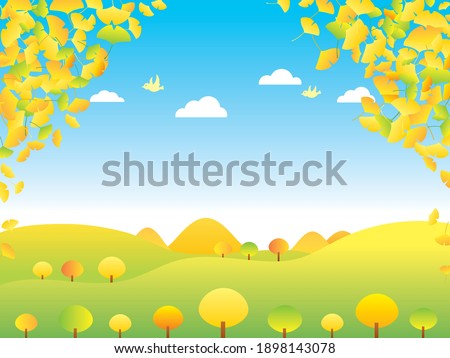 Scenery illustration of mountain and hill which changed color into yellow with autumn ginkgoes