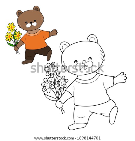 Coloring book for children. Teddy bear with flowers. Hand drawn. Black and white vector illustration with a sample for coloring.

