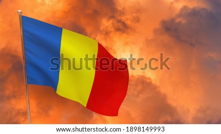 Chad flag on pole. Dramatic background. National flag of Chad