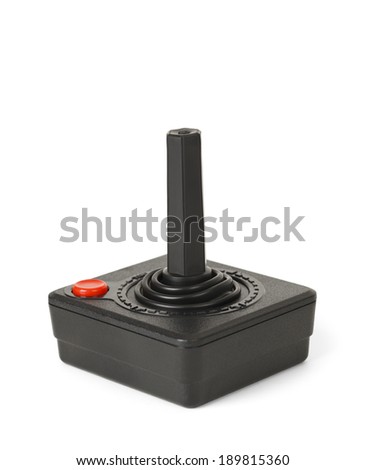 Old Black Joy Stick with Red Button Isolated on White Background. Royalty-Free Stock Photo #189815360