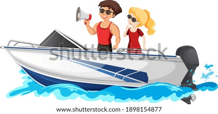 A couple standing on a speed boat isolated on white background illustration
