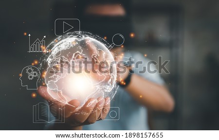 man wearing VR glasses and accessing the Technology Internet, multimedia, Storage Network connection Concept And a large database big data Through internet technology.