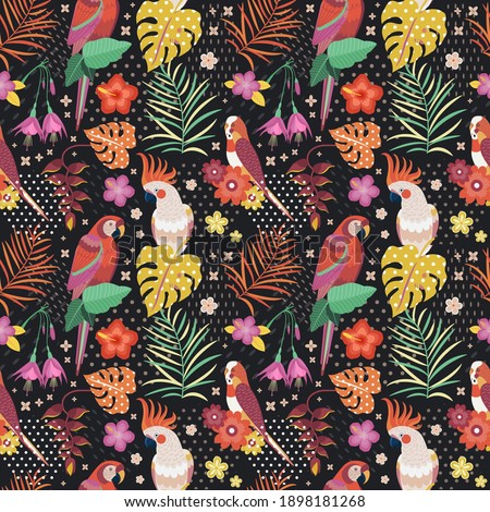 Hawaiian pattern with exotic parrots, tropical flowers and leaves for textiles and fabric design. Aloha print with cockatoo, red macaw and budgie hiding between palm brunches and botanical elements.